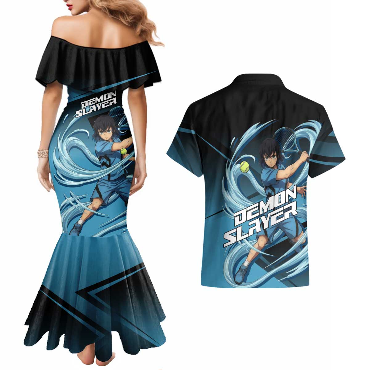 Inosuke Hashibira Beast Tennis Form Couples Matching Mermaid Dress and Hawaiian Shirt Sporty Anime Mashup Style
