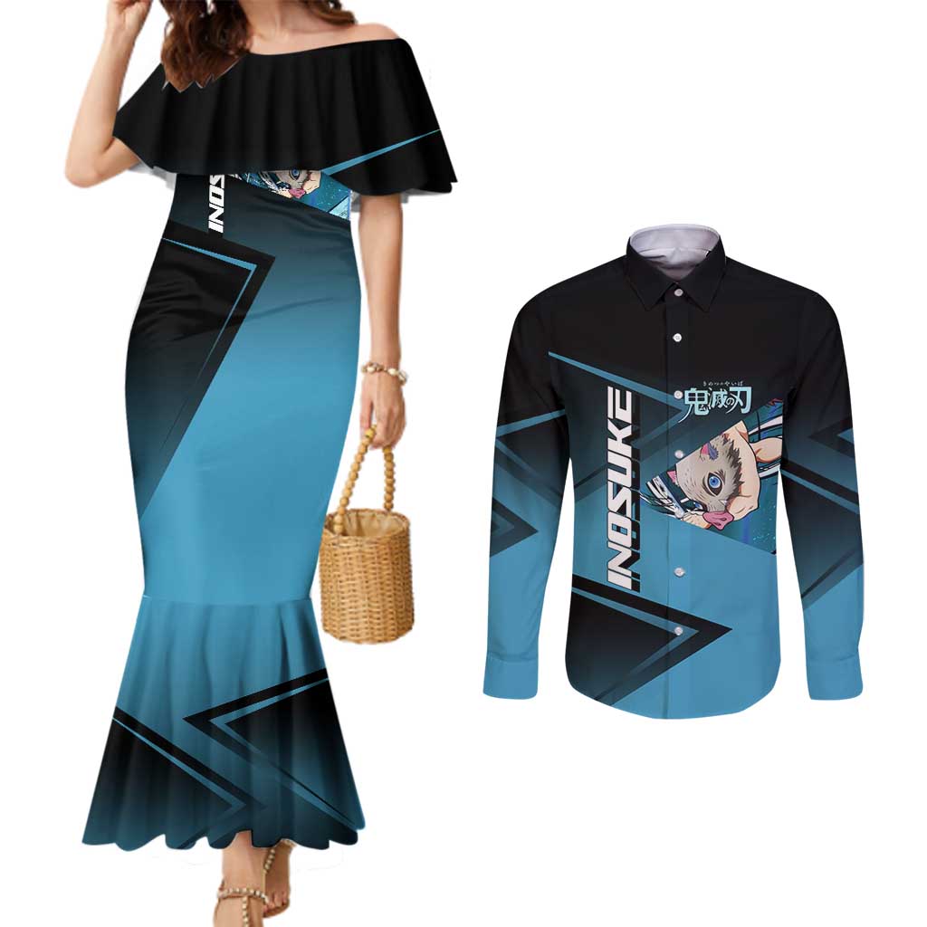 Inosuke Hashibira Beast Tennis Form Couples Matching Mermaid Dress and Long Sleeve Button Shirt Sporty Anime Mashup Style