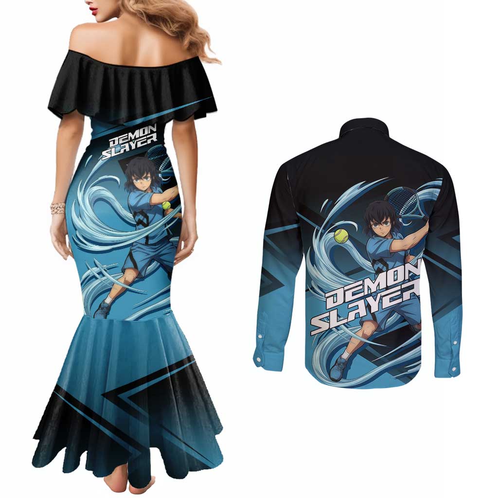Inosuke Hashibira Beast Tennis Form Couples Matching Mermaid Dress and Long Sleeve Button Shirt Sporty Anime Mashup Style