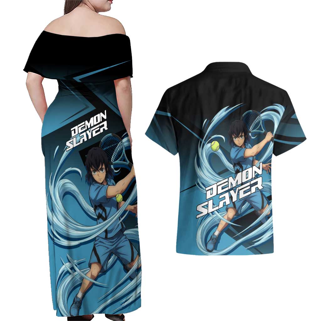Inosuke Hashibira Beast Tennis Form Couples Matching Off Shoulder Maxi Dress and Hawaiian Shirt Sporty Anime Mashup Style