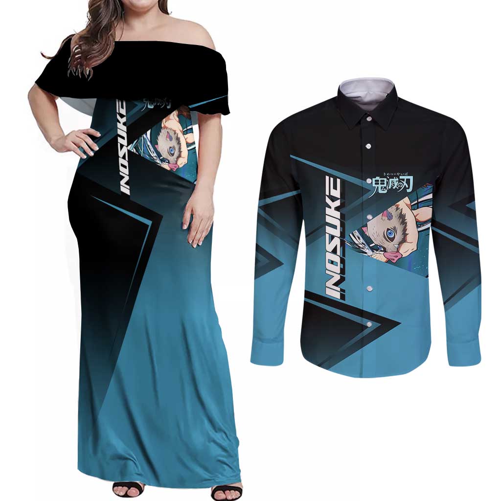 Inosuke Hashibira Beast Tennis Form Couples Matching Off Shoulder Maxi Dress and Long Sleeve Button Shirt Sporty Anime Mashup Style
