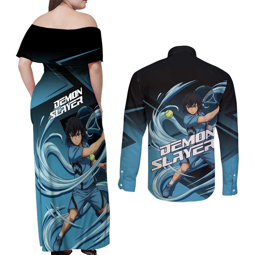 Inosuke Hashibira Beast Tennis Form Couples Matching Off Shoulder Maxi Dress and Long Sleeve Button Shirt Sporty Anime Mashup Style
