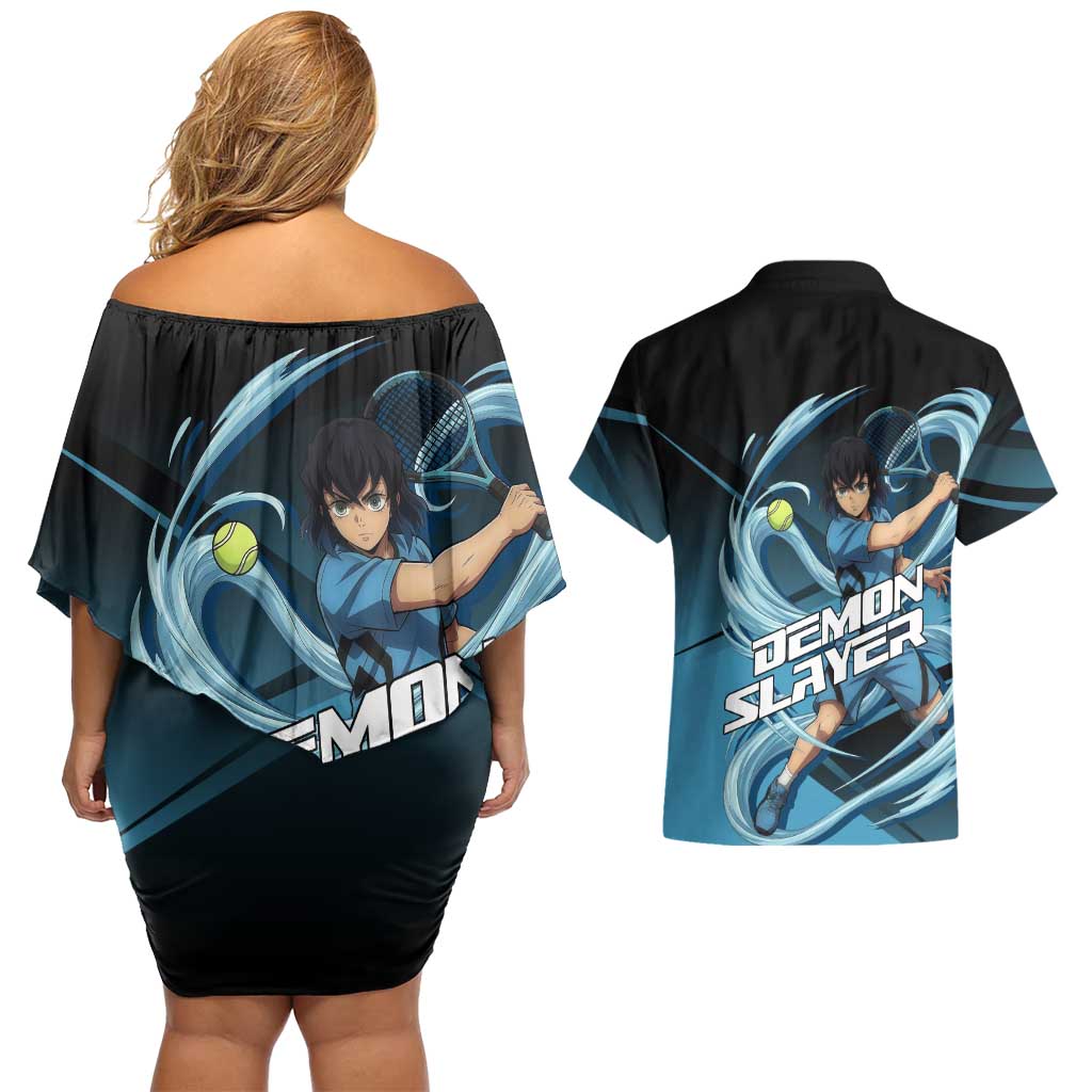Inosuke Hashibira Beast Tennis Form Couples Matching Off Shoulder Short Dress and Hawaiian Shirt Sporty Anime Mashup Style