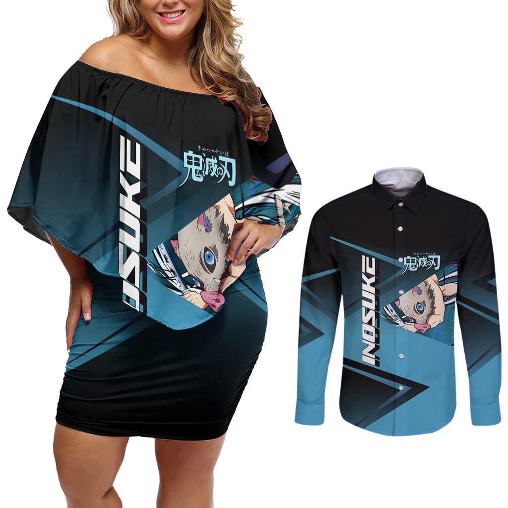 Inosuke Hashibira Beast Tennis Form Couples Matching Off Shoulder Short Dress and Long Sleeve Button Shirt Sporty Anime Mashup Style