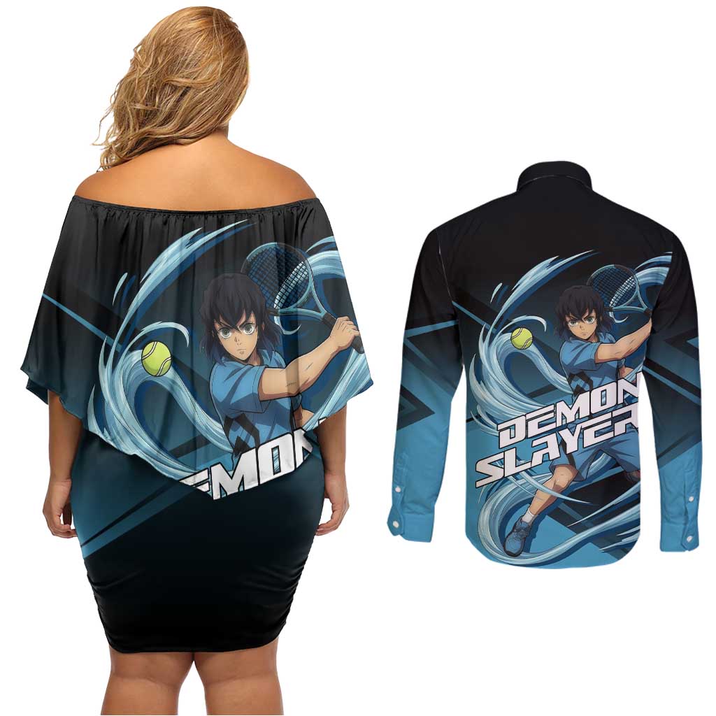 Inosuke Hashibira Beast Tennis Form Couples Matching Off Shoulder Short Dress and Long Sleeve Button Shirt Sporty Anime Mashup Style