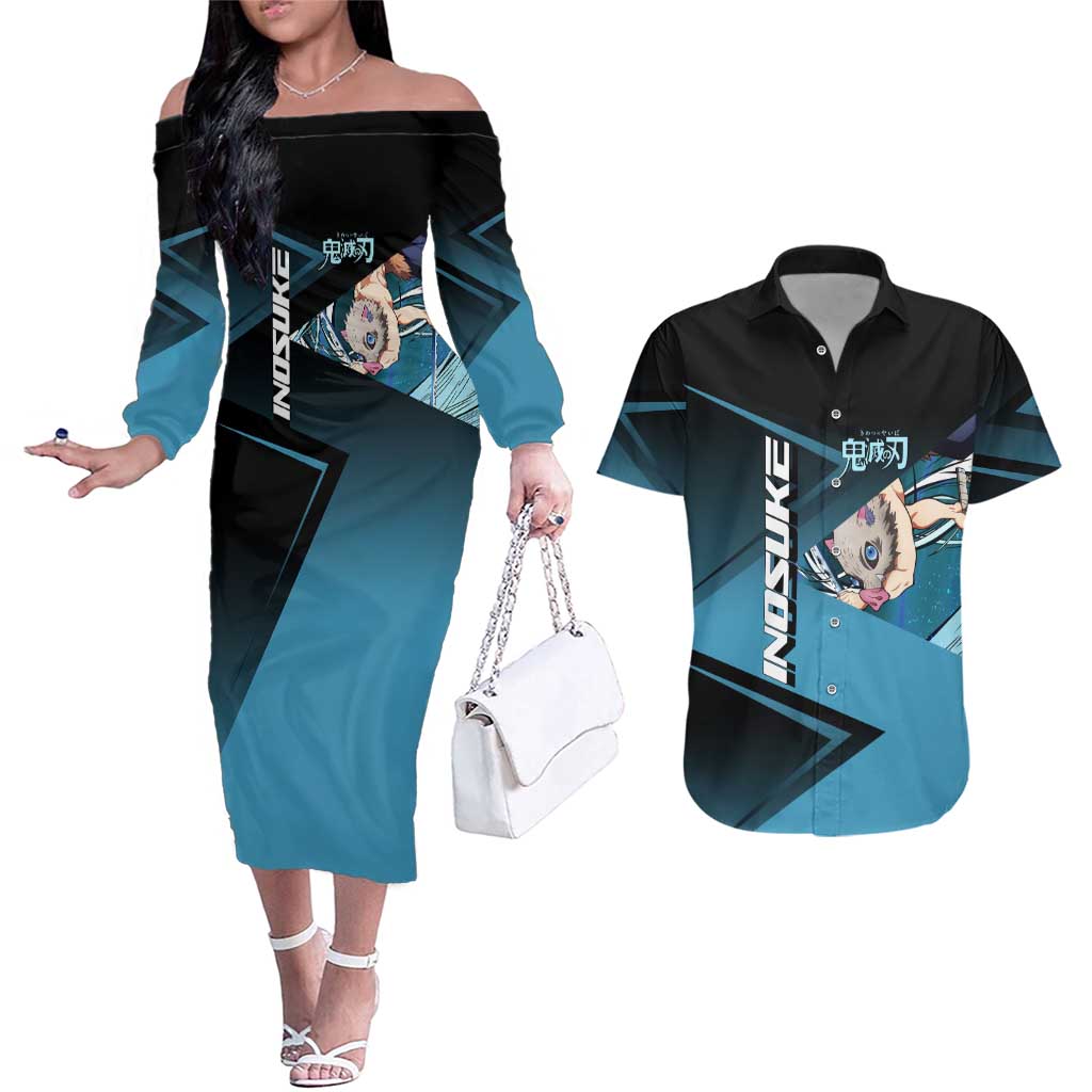 Inosuke Hashibira Beast Tennis Form Couples Matching Off The Shoulder Long Sleeve Dress and Hawaiian Shirt Sporty Anime Mashup Style