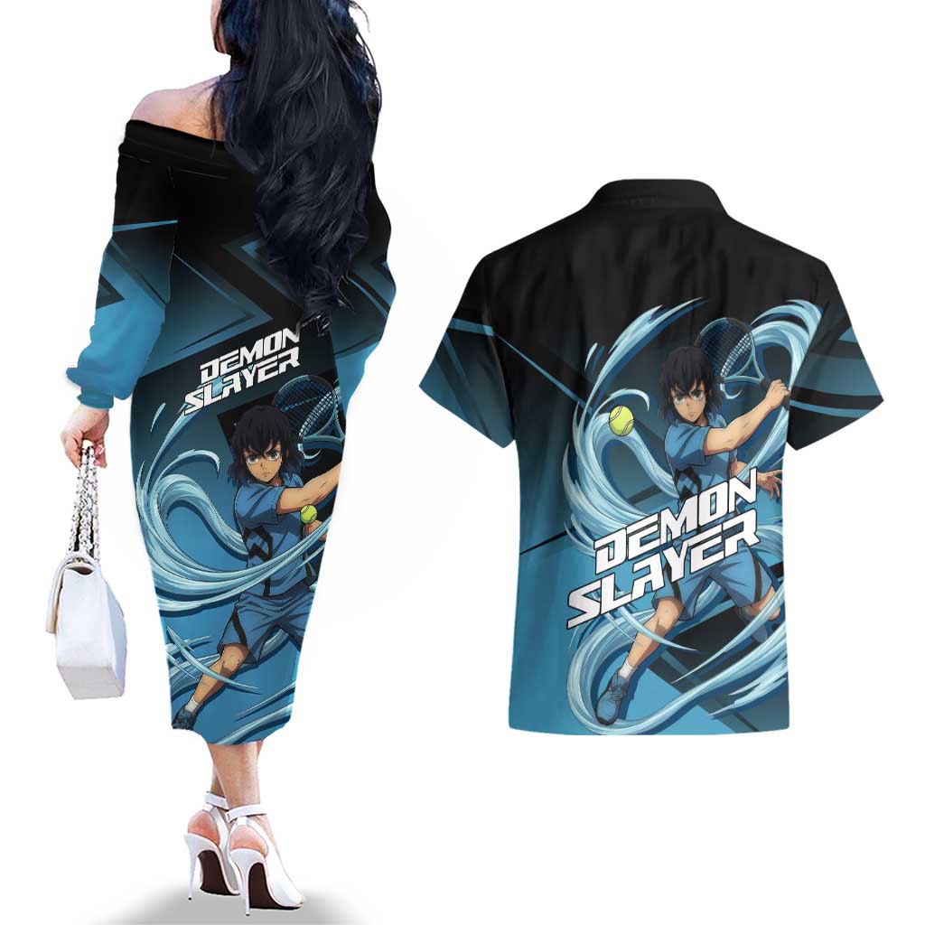 Inosuke Hashibira Beast Tennis Form Couples Matching Off The Shoulder Long Sleeve Dress and Hawaiian Shirt Sporty Anime Mashup Style