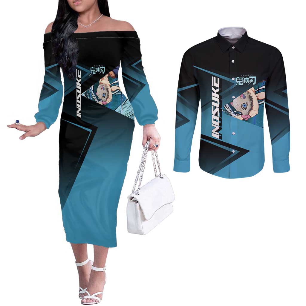 Inosuke Hashibira Beast Tennis Form Couples Matching Off The Shoulder Long Sleeve Dress and Long Sleeve Button Shirt Sporty Anime Mashup Style
