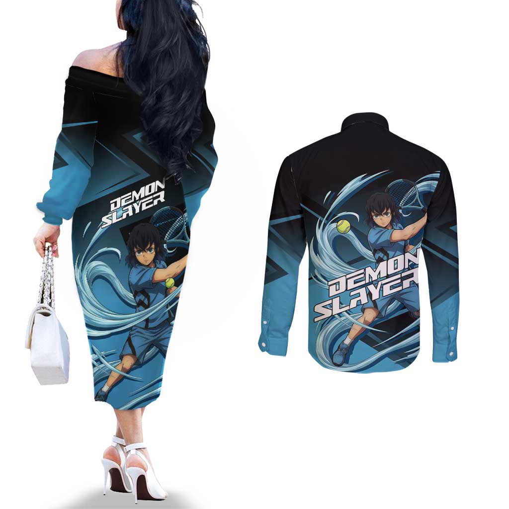 Inosuke Hashibira Beast Tennis Form Couples Matching Off The Shoulder Long Sleeve Dress and Long Sleeve Button Shirt Sporty Anime Mashup Style