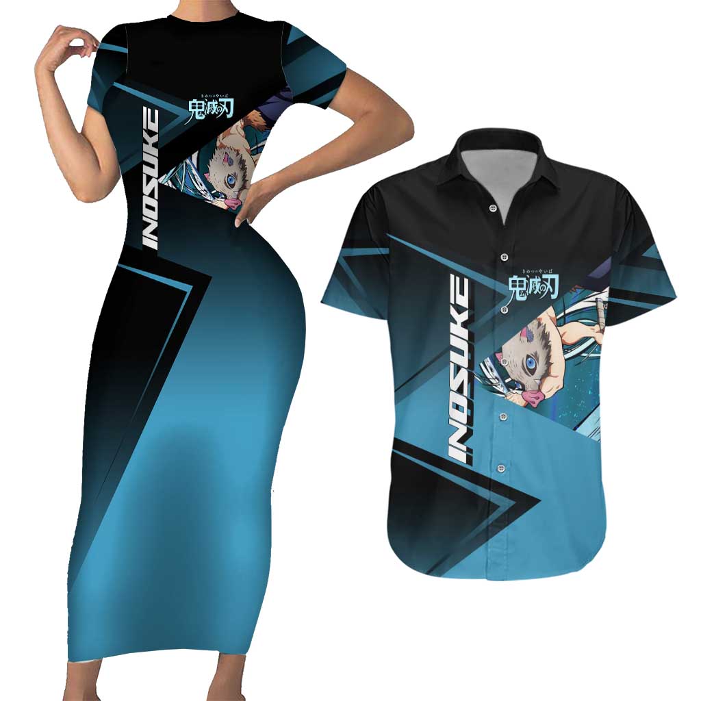 Inosuke Hashibira Beast Tennis Form Couples Matching Short Sleeve Bodycon Dress and Hawaiian Shirt Sporty Anime Mashup Style