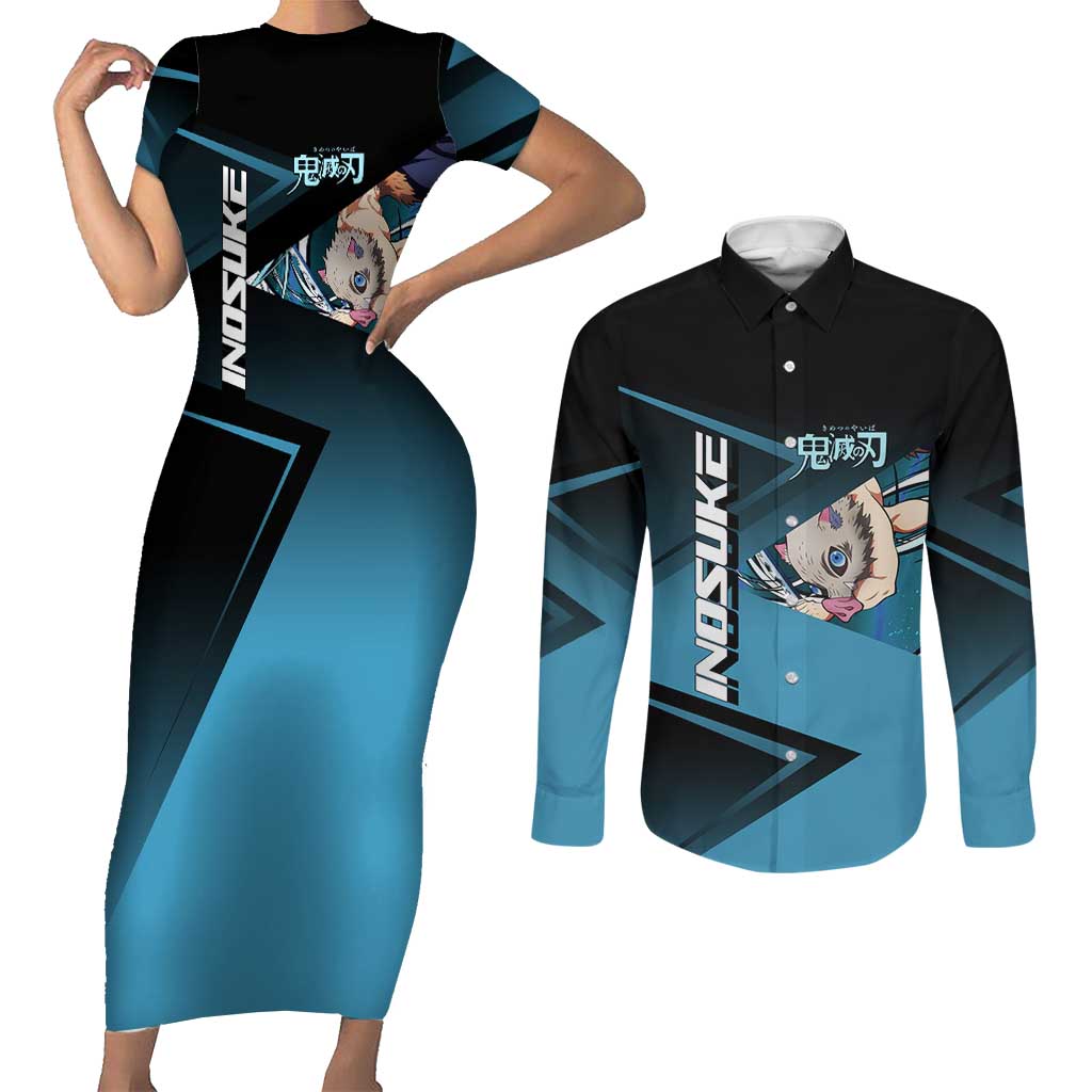 Inosuke Hashibira Beast Tennis Form Couples Matching Short Sleeve Bodycon Dress and Long Sleeve Button Shirt Sporty Anime Mashup Style
