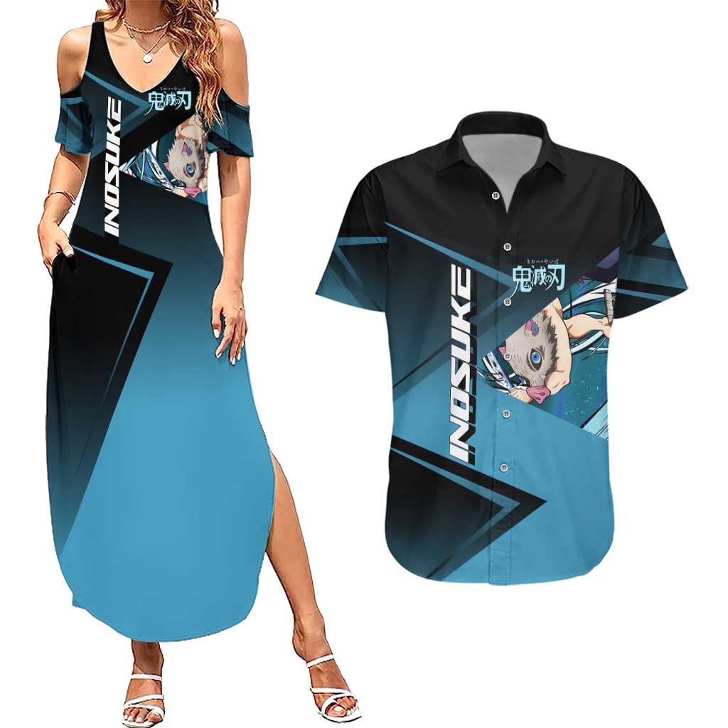 Inosuke Hashibira Beast Tennis Form Couples Matching Summer Maxi Dress and Hawaiian Shirt Sporty Anime Mashup Style