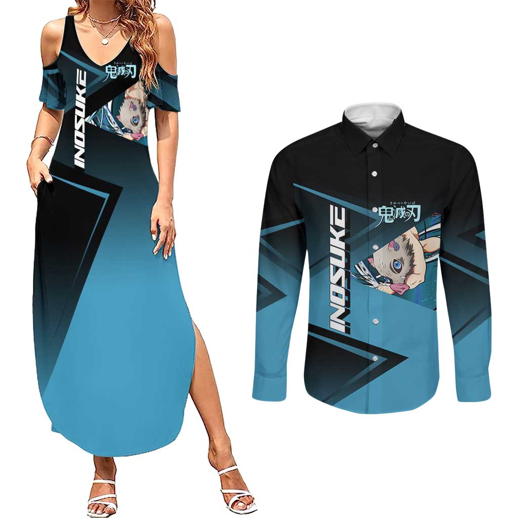 Inosuke Hashibira Beast Tennis Form Couples Matching Summer Maxi Dress and Long Sleeve Button Shirt Sporty Anime Mashup Style