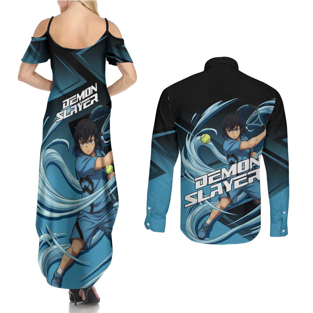Inosuke Hashibira Beast Tennis Form Couples Matching Summer Maxi Dress and Long Sleeve Button Shirt Sporty Anime Mashup Style