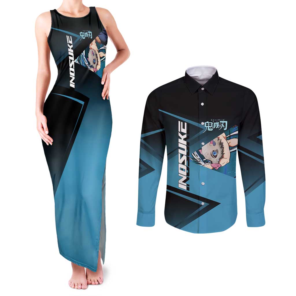Inosuke Hashibira Beast Tennis Form Couples Matching Tank Maxi Dress and Long Sleeve Button Shirt Sporty Anime Mashup Style