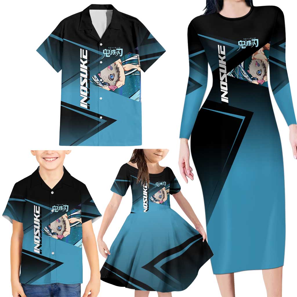 Inosuke Hashibira Beast Tennis Form Family Matching Long Sleeve Bodycon Dress and Hawaiian Shirt Sporty Anime Mashup Style