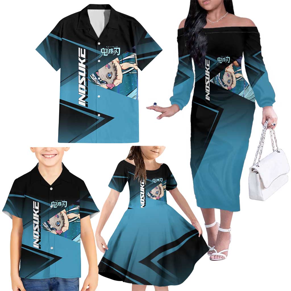 Inosuke Hashibira Beast Tennis Form Family Matching Off The Shoulder Long Sleeve Dress and Hawaiian Shirt Sporty Anime Mashup Style