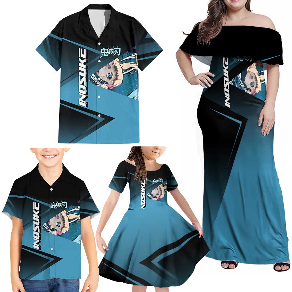 Inosuke Hashibira Beast Tennis Form Family Matching Off Shoulder Maxi Dress and Hawaiian Shirt Sporty Anime Mashup Style