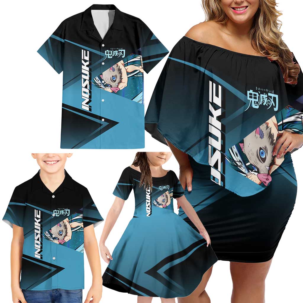 Inosuke Hashibira Beast Tennis Form Family Matching Off Shoulder Short Dress and Hawaiian Shirt Sporty Anime Mashup Style