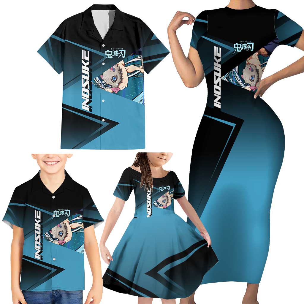 Inosuke Hashibira Beast Tennis Form Family Matching Short Sleeve Bodycon Dress and Hawaiian Shirt Sporty Anime Mashup Style