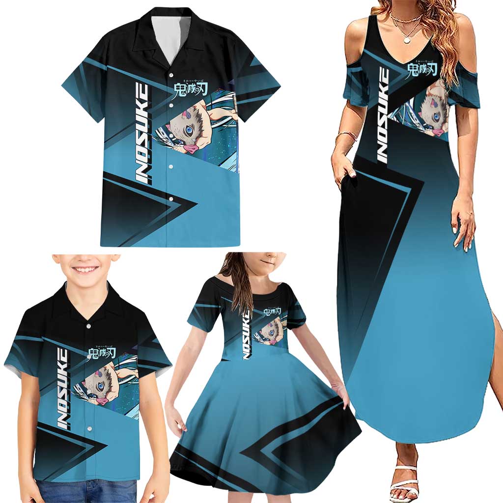 Inosuke Hashibira Beast Tennis Form Family Matching Summer Maxi Dress and Hawaiian Shirt Sporty Anime Mashup Style