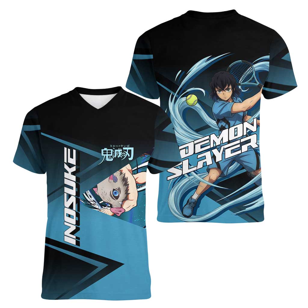 Inosuke Hashibira Beast Tennis Form Women V-Neck T-Shirt Sporty Anime Mashup Style
