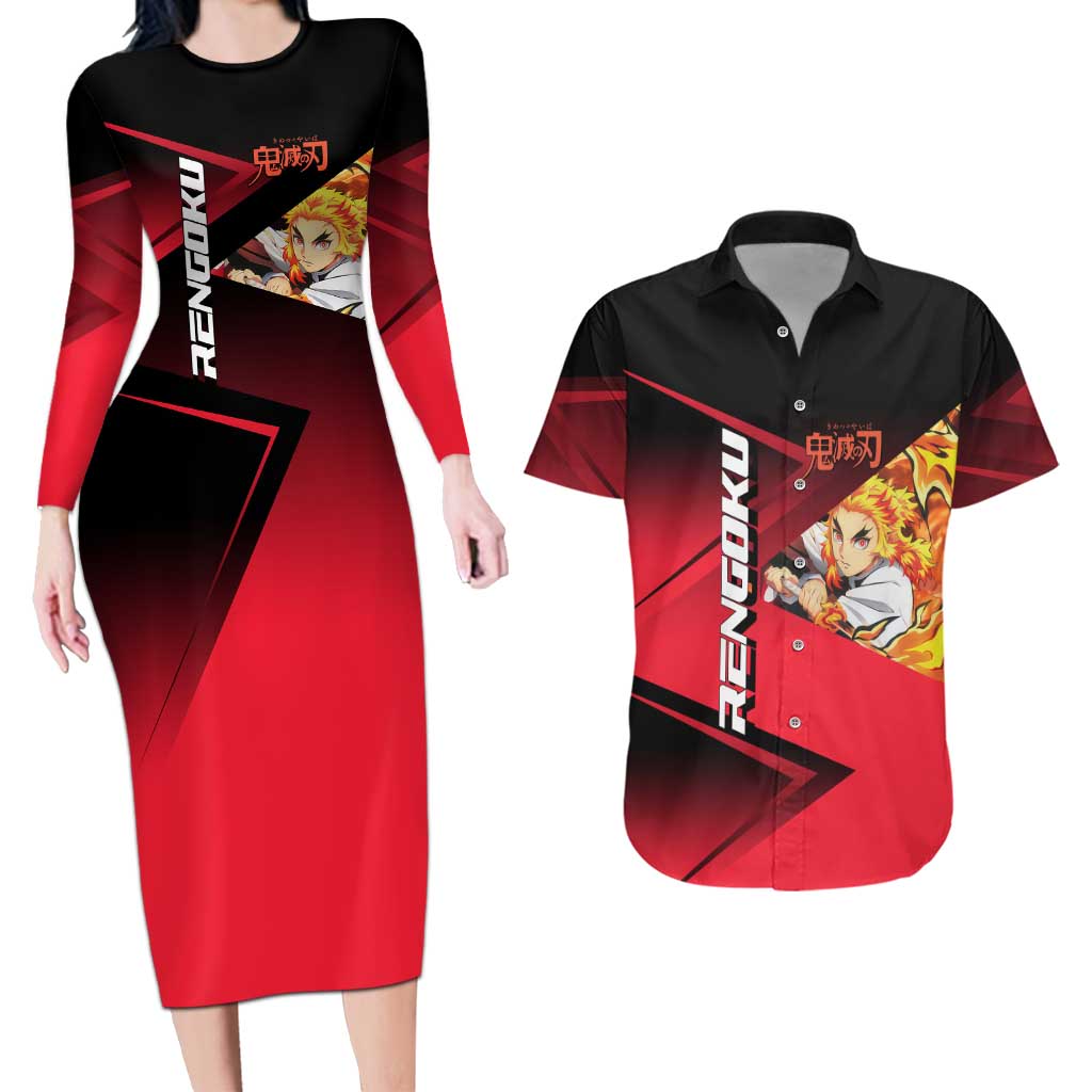 Kyojuro Rengoku Flame Rally Couples Matching Long Sleeve Bodycon Dress and Hawaiian Shirt Sporty Anime Mashup Style