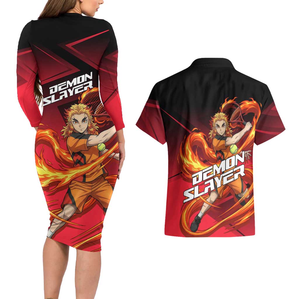 Kyojuro Rengoku Flame Rally Couples Matching Long Sleeve Bodycon Dress and Hawaiian Shirt Sporty Anime Mashup Style