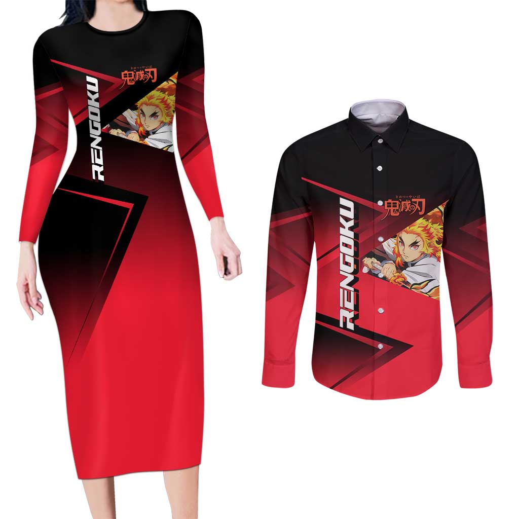 Kyojuro Rengoku Flame Rally Couples Matching Long Sleeve Bodycon Dress and Long Sleeve Button Shirt Sporty Anime Mashup Style