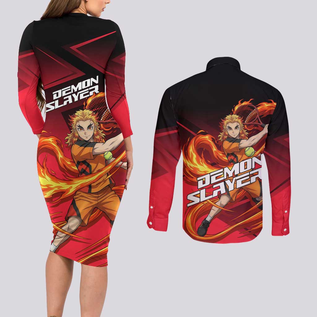 Kyojuro Rengoku Flame Rally Couples Matching Long Sleeve Bodycon Dress and Long Sleeve Button Shirt Sporty Anime Mashup Style