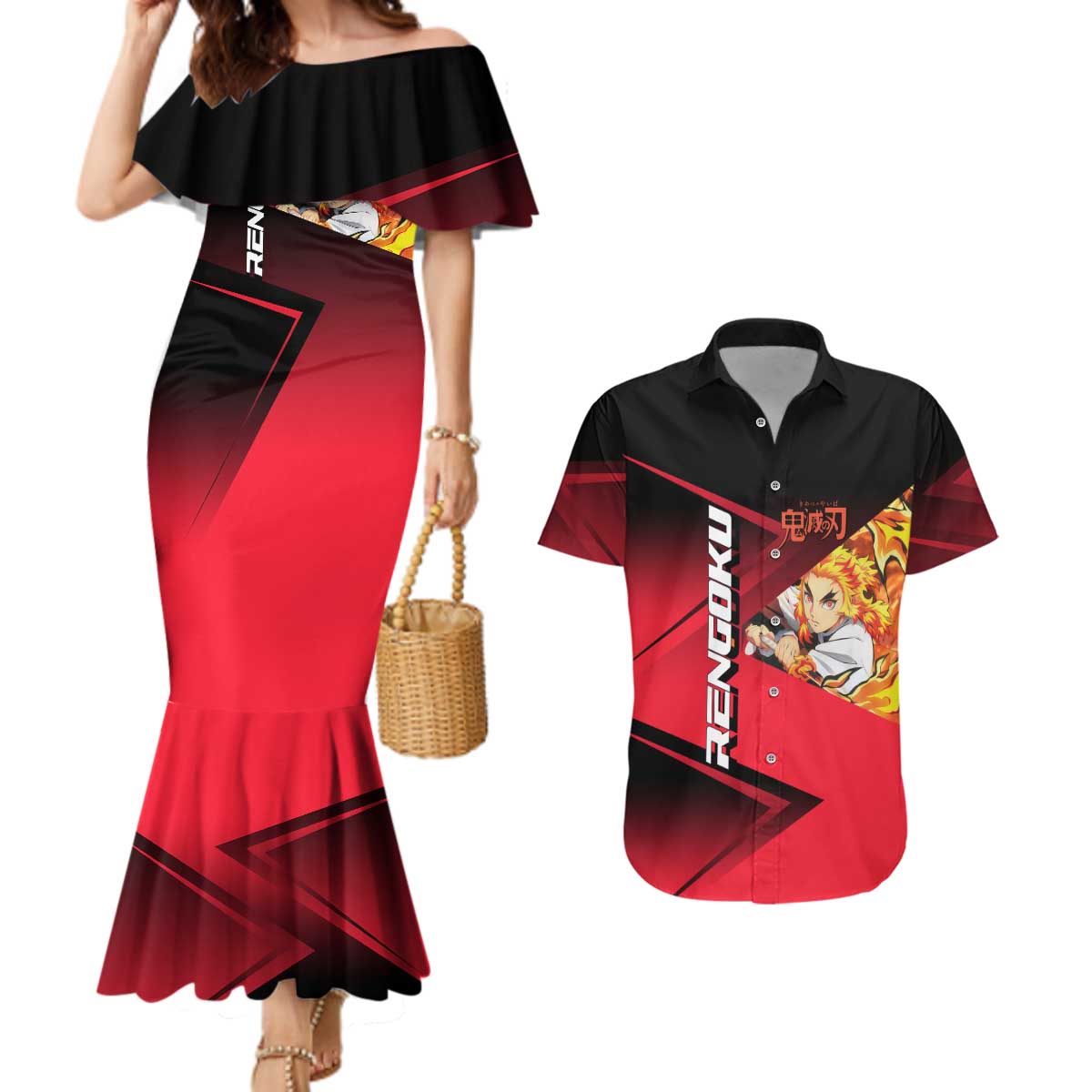 Kyojuro Rengoku Flame Rally Couples Matching Mermaid Dress and Hawaiian Shirt Sporty Anime Mashup Style
