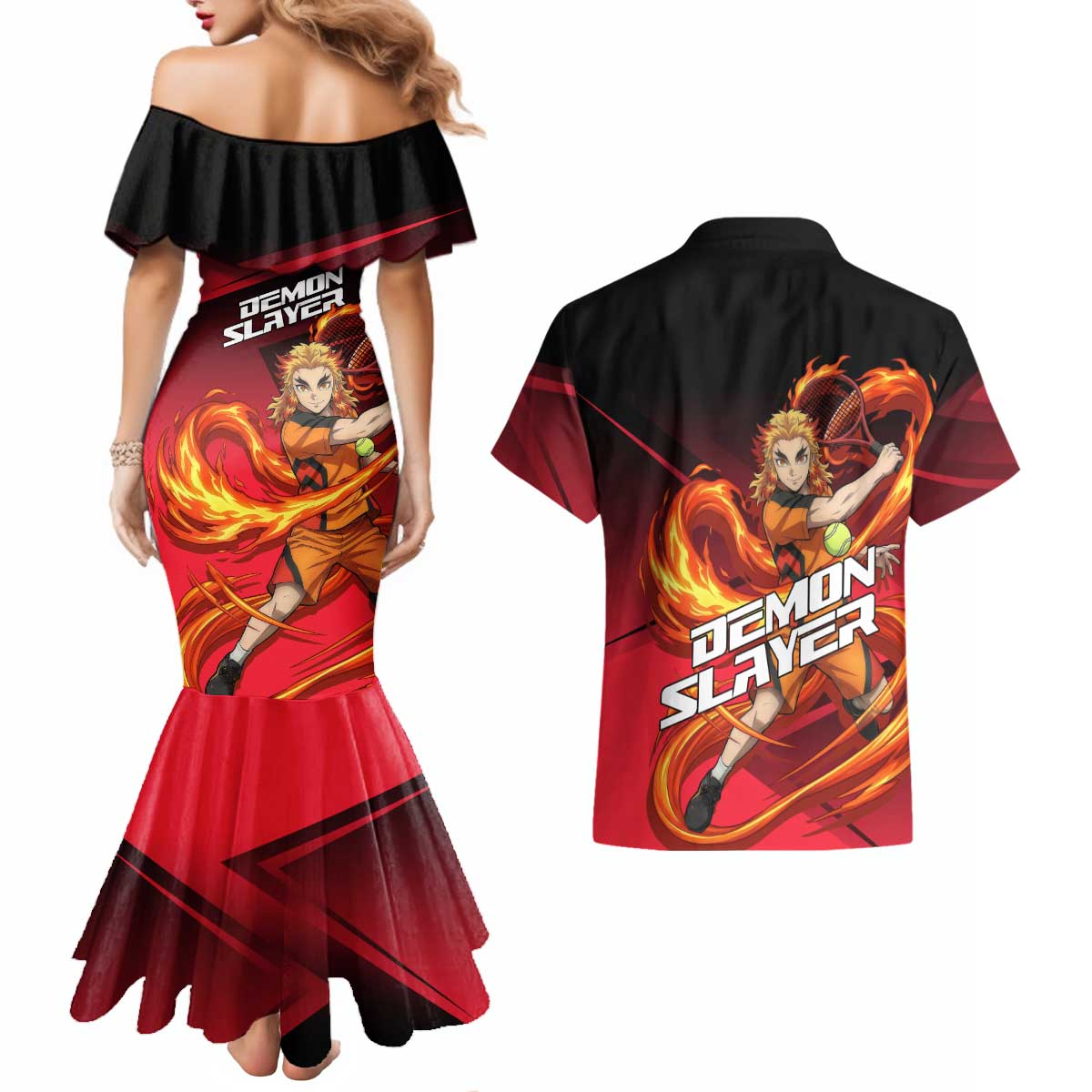 Kyojuro Rengoku Flame Rally Couples Matching Mermaid Dress and Hawaiian Shirt Sporty Anime Mashup Style