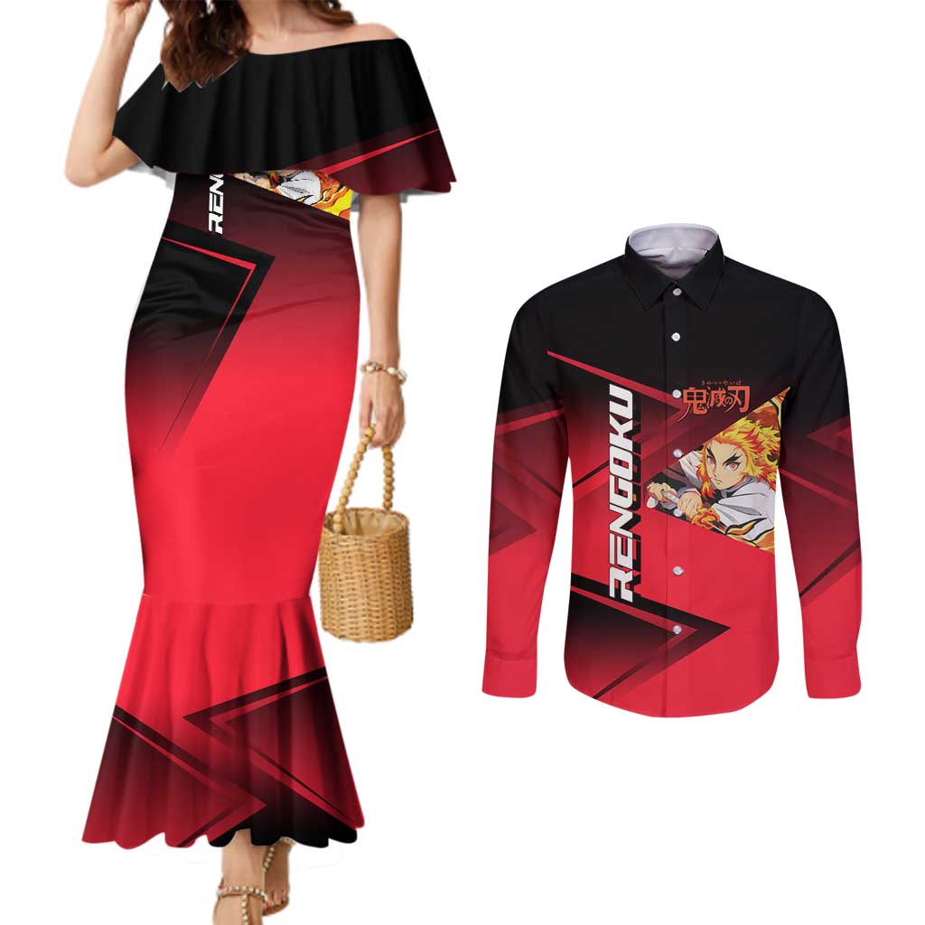 Kyojuro Rengoku Flame Rally Couples Matching Mermaid Dress and Long Sleeve Button Shirt Sporty Anime Mashup Style