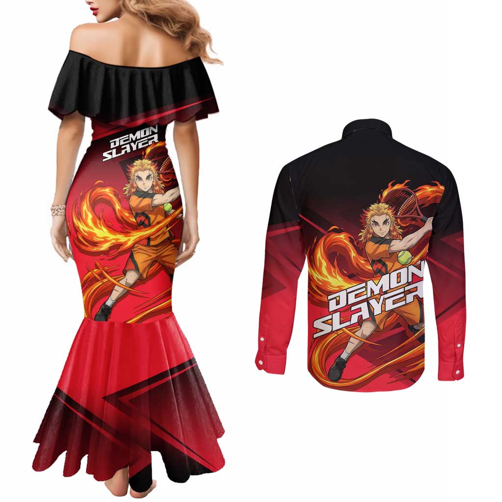 Kyojuro Rengoku Flame Rally Couples Matching Mermaid Dress and Long Sleeve Button Shirt Sporty Anime Mashup Style