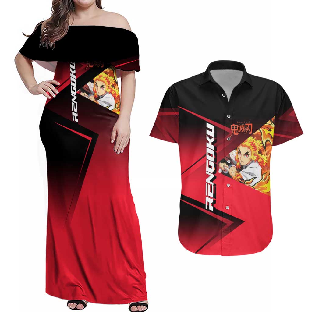 Kyojuro Rengoku Flame Rally Couples Matching Off Shoulder Maxi Dress and Hawaiian Shirt Sporty Anime Mashup Style