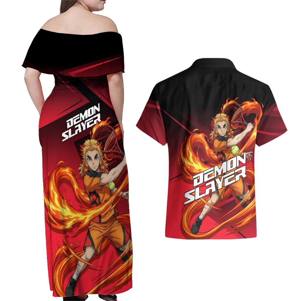 Kyojuro Rengoku Flame Rally Couples Matching Off Shoulder Maxi Dress and Hawaiian Shirt Sporty Anime Mashup Style