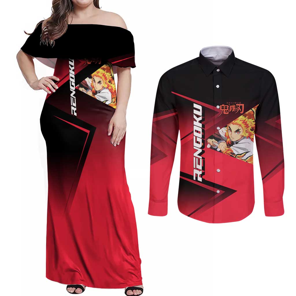 Kyojuro Rengoku Flame Rally Couples Matching Off Shoulder Maxi Dress and Long Sleeve Button Shirt Sporty Anime Mashup Style