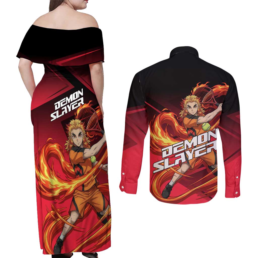 Kyojuro Rengoku Flame Rally Couples Matching Off Shoulder Maxi Dress and Long Sleeve Button Shirt Sporty Anime Mashup Style