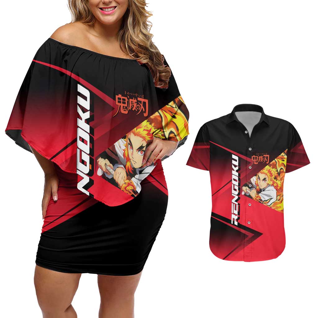 Kyojuro Rengoku Flame Rally Couples Matching Off Shoulder Short Dress and Hawaiian Shirt Sporty Anime Mashup Style
