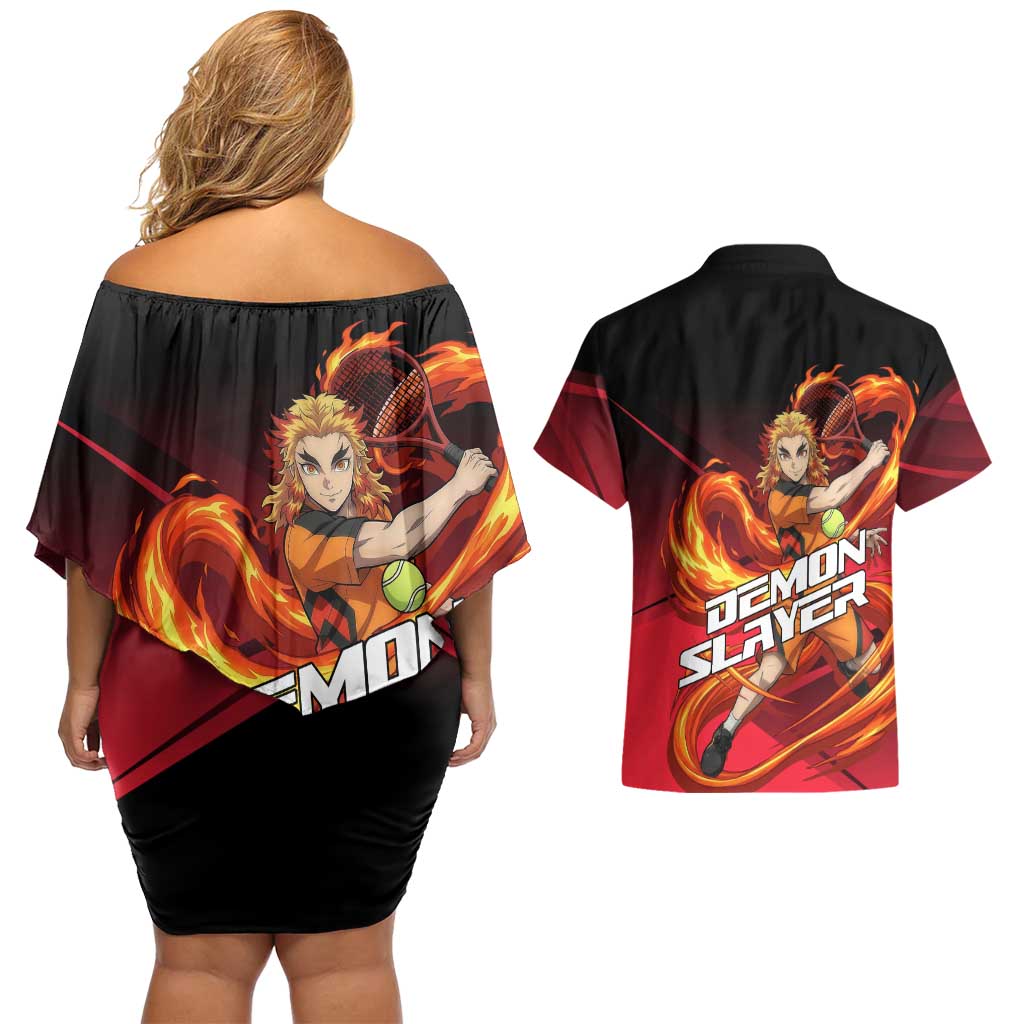 Kyojuro Rengoku Flame Rally Couples Matching Off Shoulder Short Dress and Hawaiian Shirt Sporty Anime Mashup Style