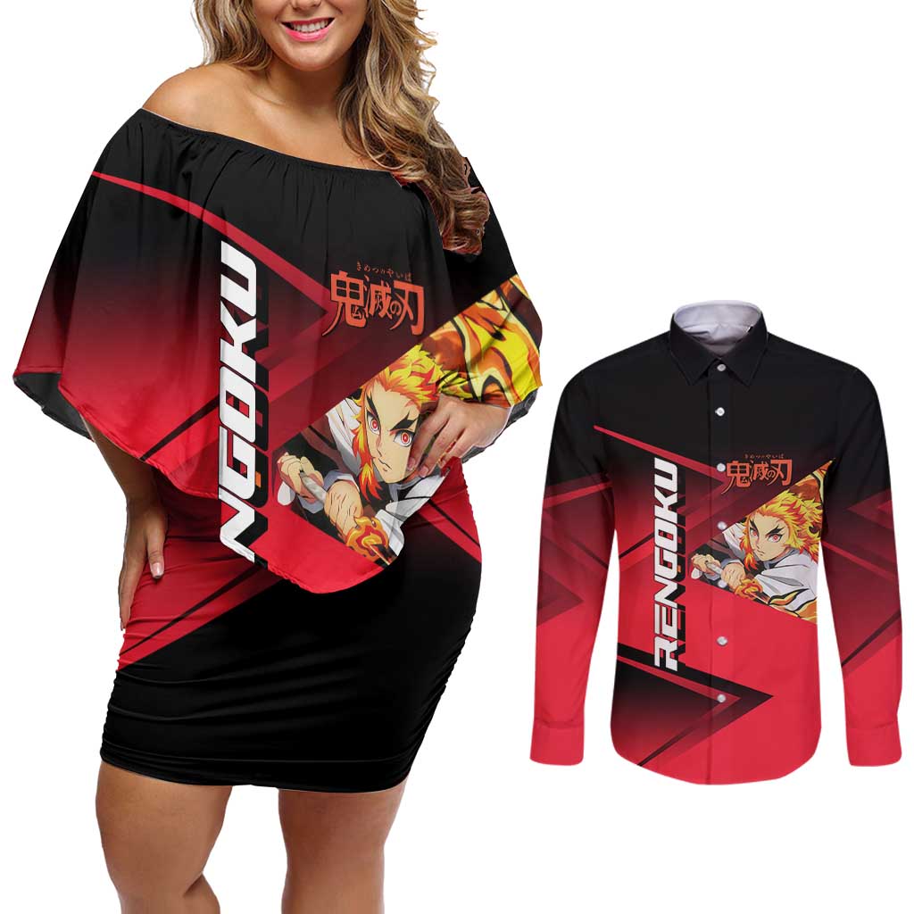 Kyojuro Rengoku Flame Rally Couples Matching Off Shoulder Short Dress and Long Sleeve Button Shirt Sporty Anime Mashup Style