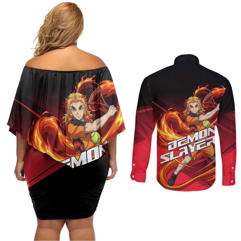 Kyojuro Rengoku Flame Rally Couples Matching Off Shoulder Short Dress and Long Sleeve Button Shirt Sporty Anime Mashup Style