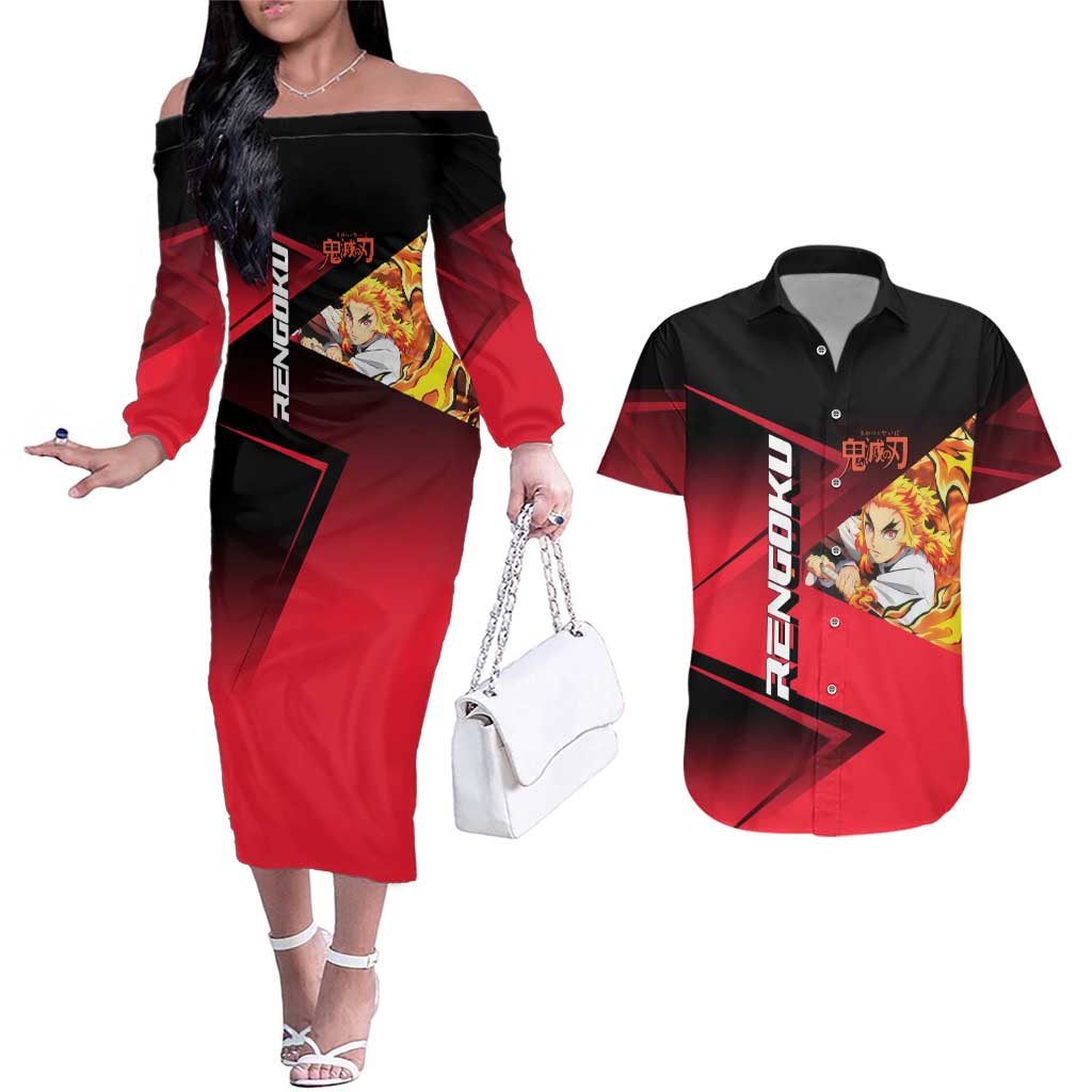 Kyojuro Rengoku Flame Rally Couples Matching Off The Shoulder Long Sleeve Dress and Hawaiian Shirt Sporty Anime Mashup Style