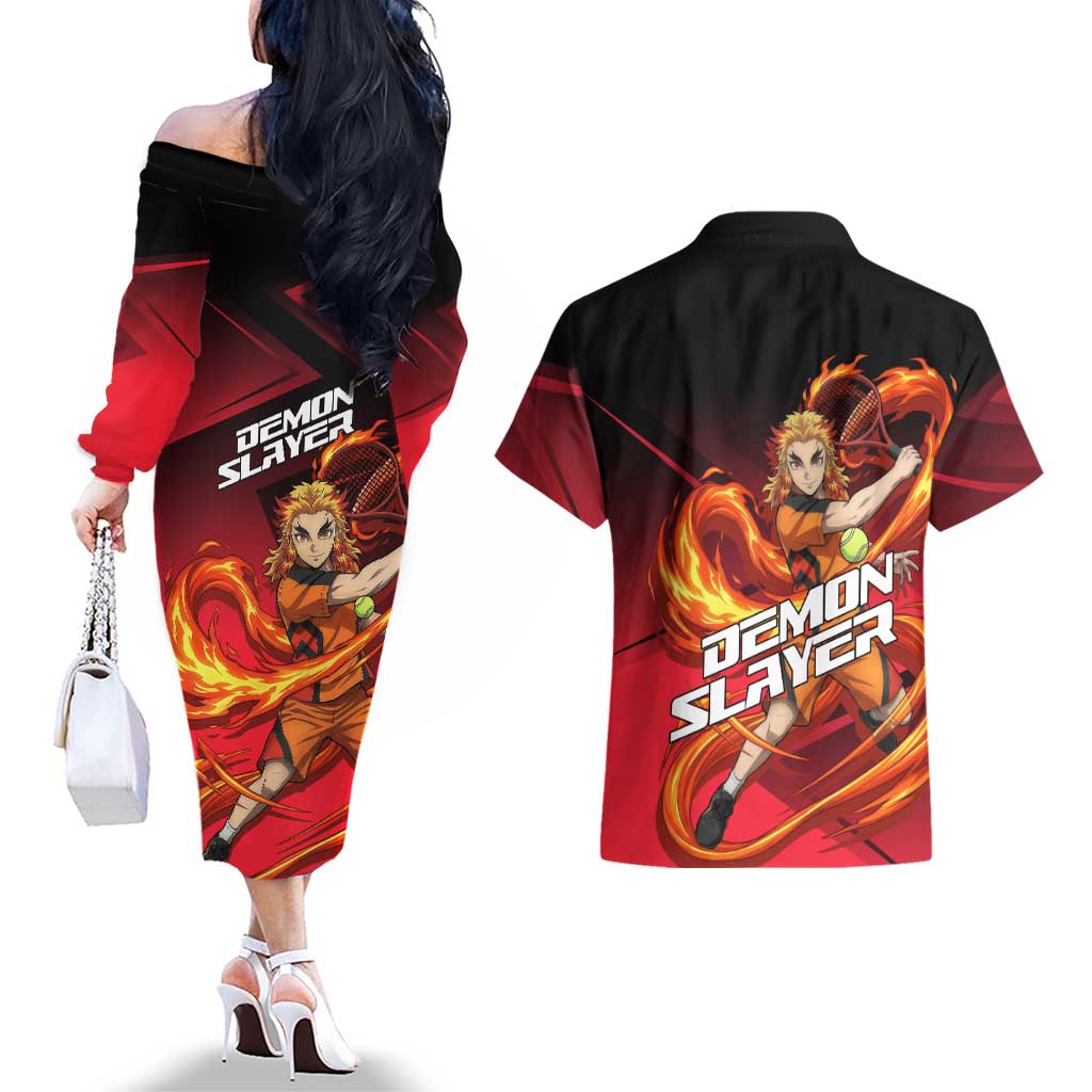 Kyojuro Rengoku Flame Rally Couples Matching Off The Shoulder Long Sleeve Dress and Hawaiian Shirt Sporty Anime Mashup Style