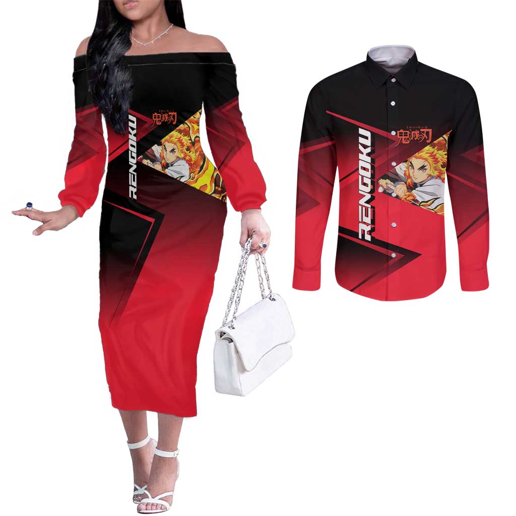 Kyojuro Rengoku Flame Rally Couples Matching Off The Shoulder Long Sleeve Dress and Long Sleeve Button Shirt Sporty Anime Mashup Style