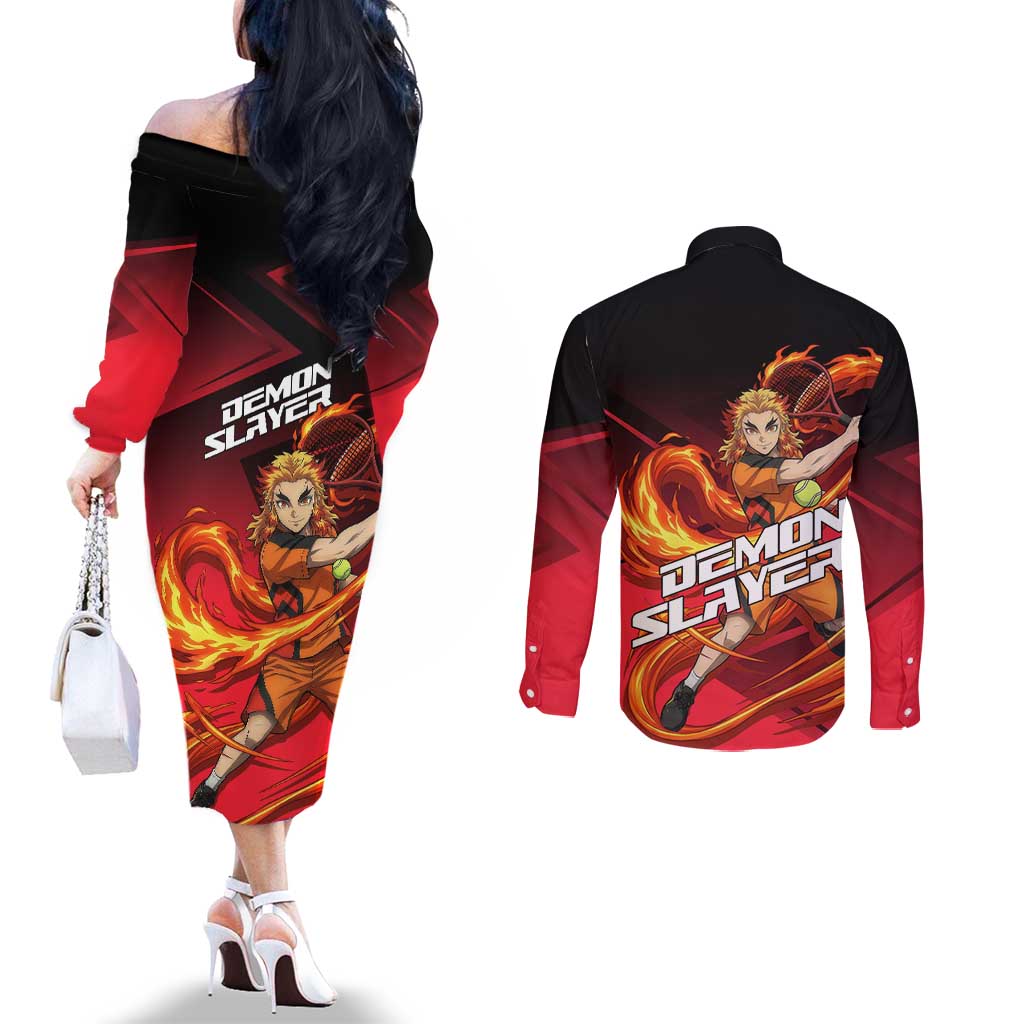 Kyojuro Rengoku Flame Rally Couples Matching Off The Shoulder Long Sleeve Dress and Long Sleeve Button Shirt Sporty Anime Mashup Style