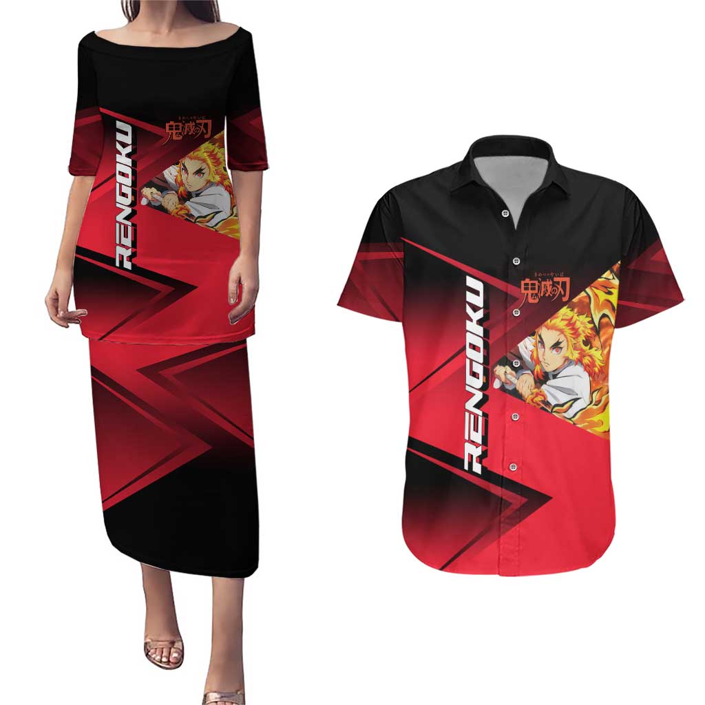 Kyojuro Rengoku Flame Rally Couples Matching Puletasi and Hawaiian Shirt Sporty Anime Mashup Style