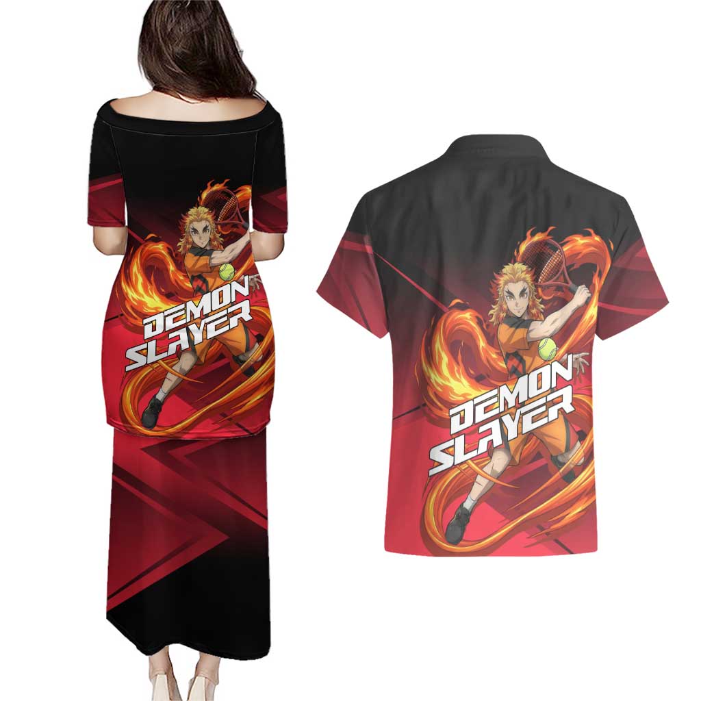 Kyojuro Rengoku Flame Rally Couples Matching Puletasi and Hawaiian Shirt Sporty Anime Mashup Style