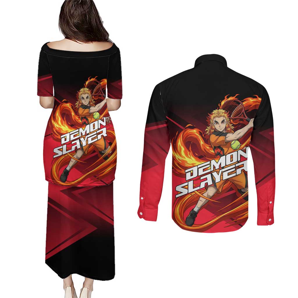 Kyojuro Rengoku Flame Rally Couples Matching Puletasi and Long Sleeve Button Shirt Sporty Anime Mashup Style