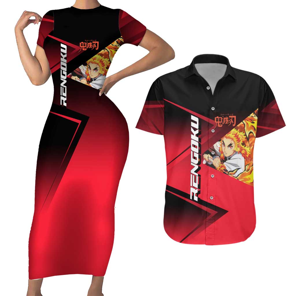 Kyojuro Rengoku Flame Rally Couples Matching Short Sleeve Bodycon Dress and Hawaiian Shirt Sporty Anime Mashup Style